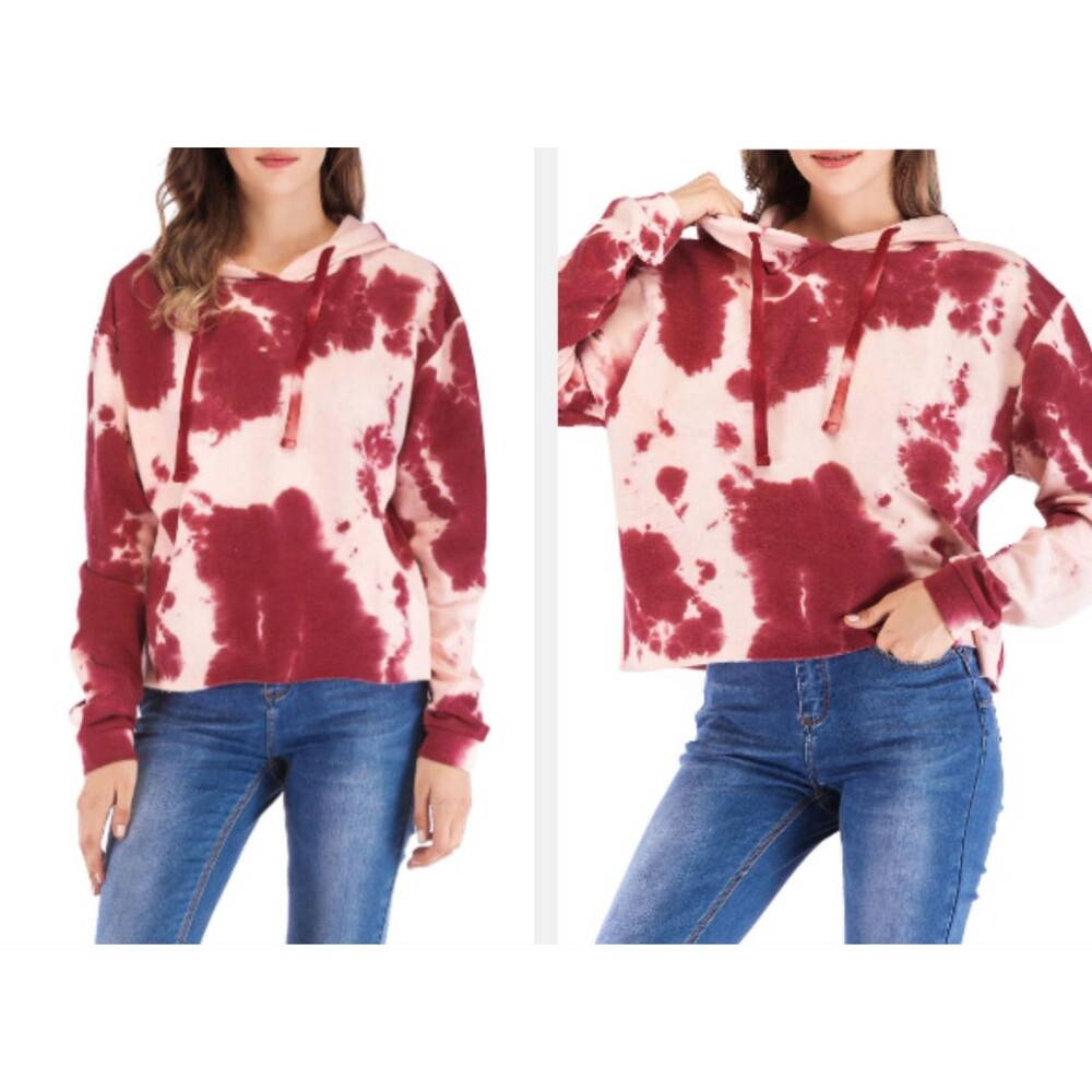 Fifth Sun Maroon and White Crop Tie Dye Fleece Pullover Hoodie (Large) NWOT